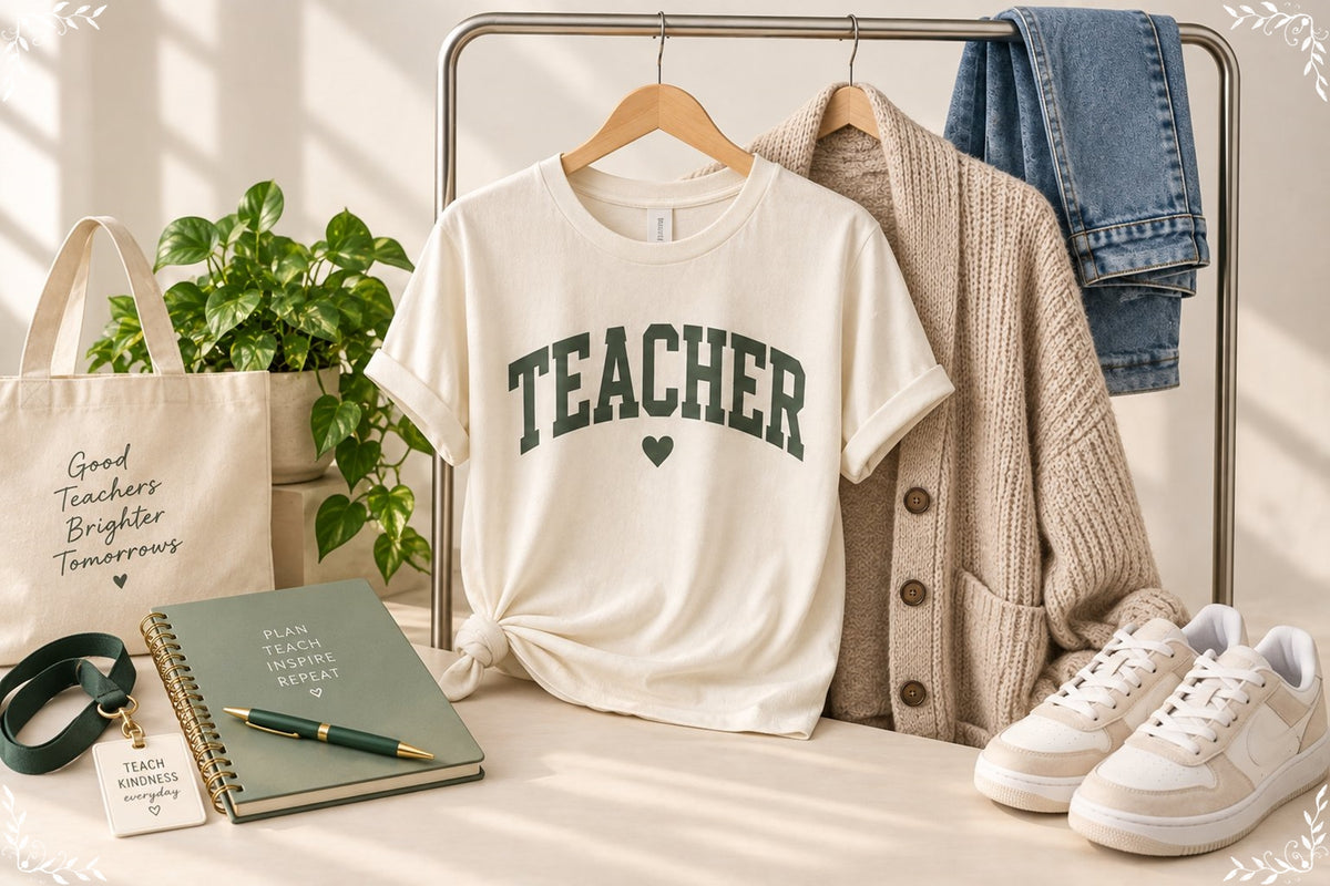 Teacher shirt styled with a notebook and classroom essentials