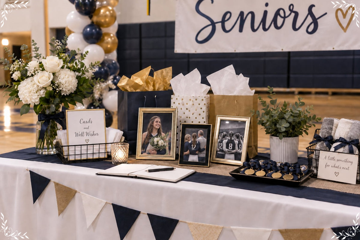 Senior night recognition table with cards, flowers, and family keepsakes
