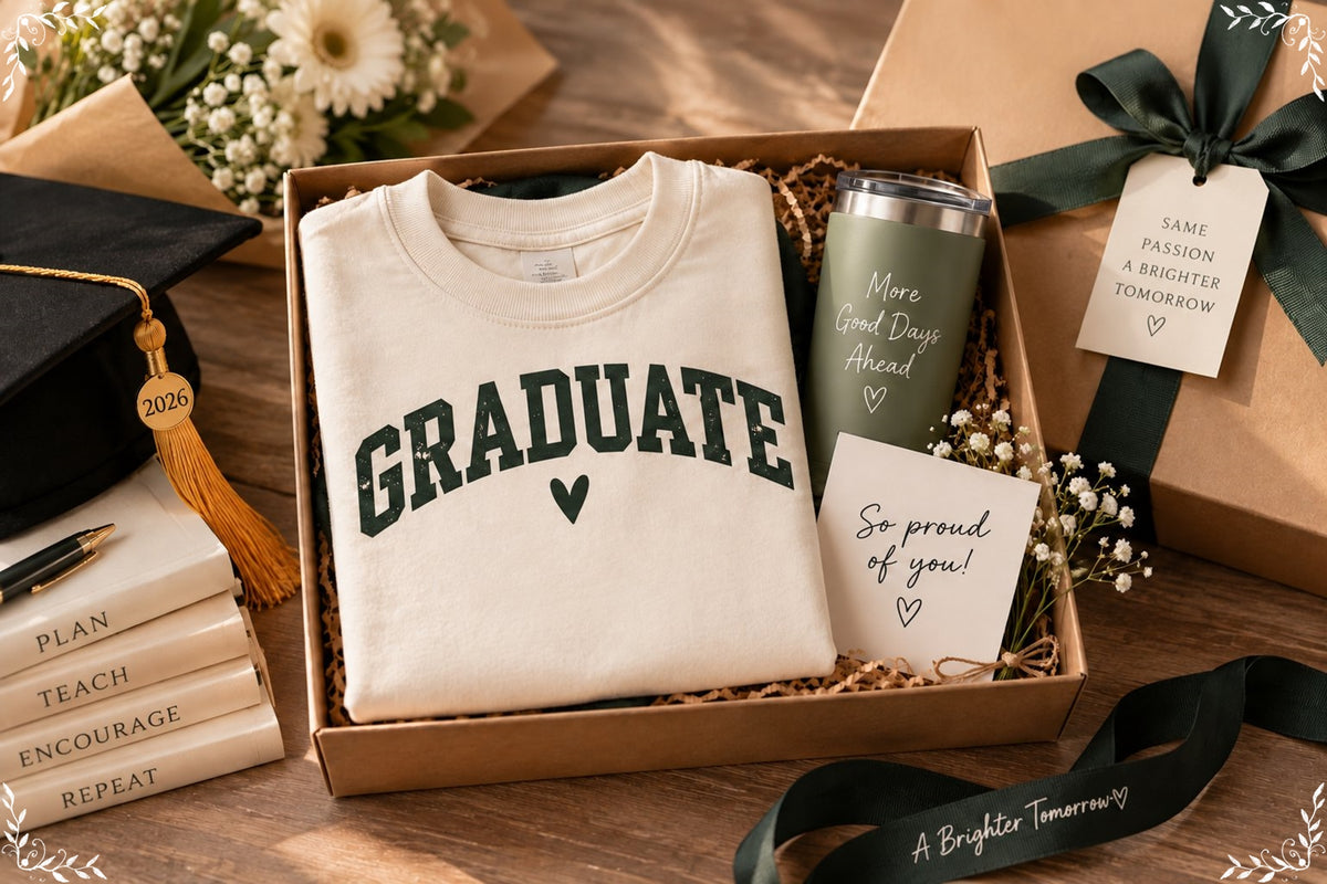 Graduation gift box with a keepsake shirt, card, and practical item