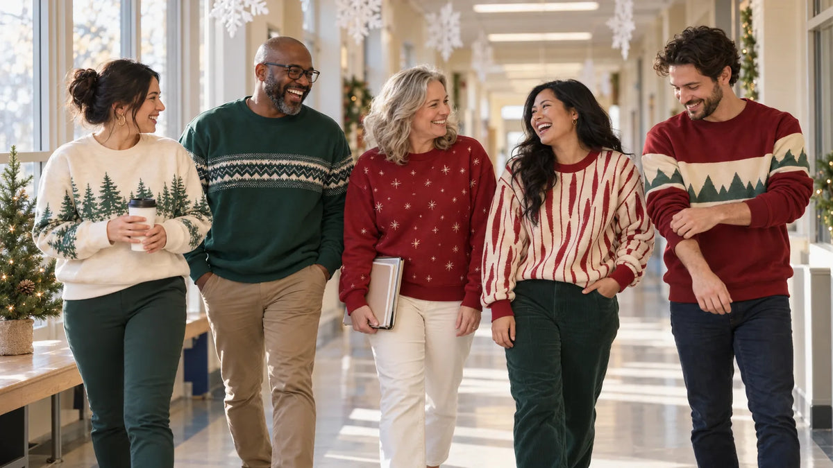 A group of teachers and school staff in cozy red, green and cream holiday sweatshirts smiling together in a decorated school hallway.