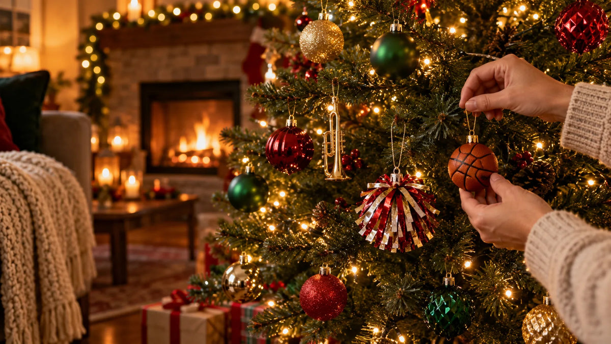 A family's holiday tree with a few sports and band-themed keepsake ornaments hanging near warm string lights.