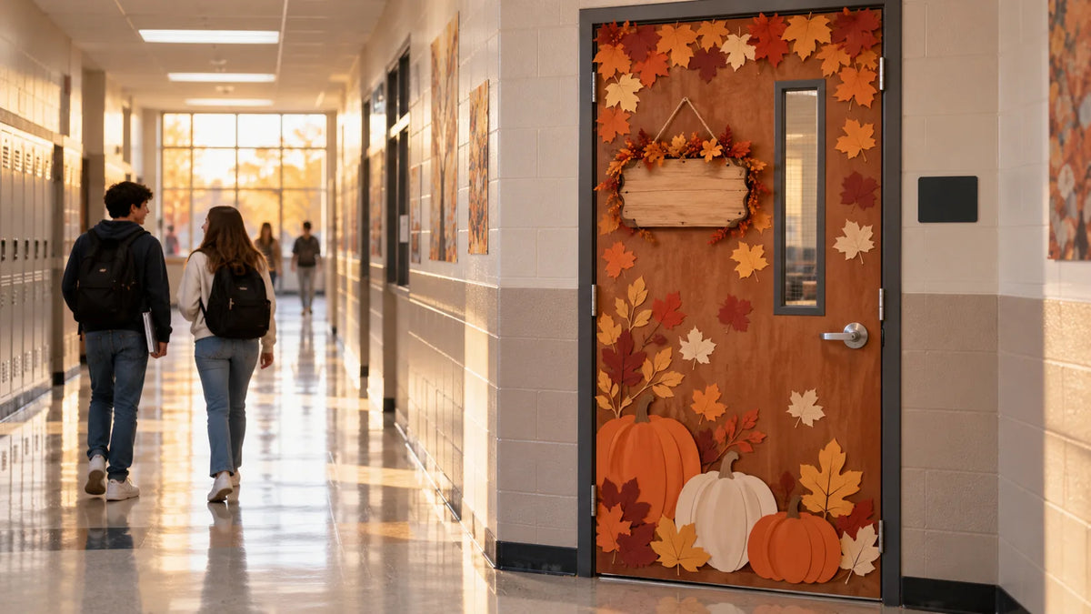A decorated classroom doorway in a school hallway with autumn leaves and warm lights, with a few students walking past.