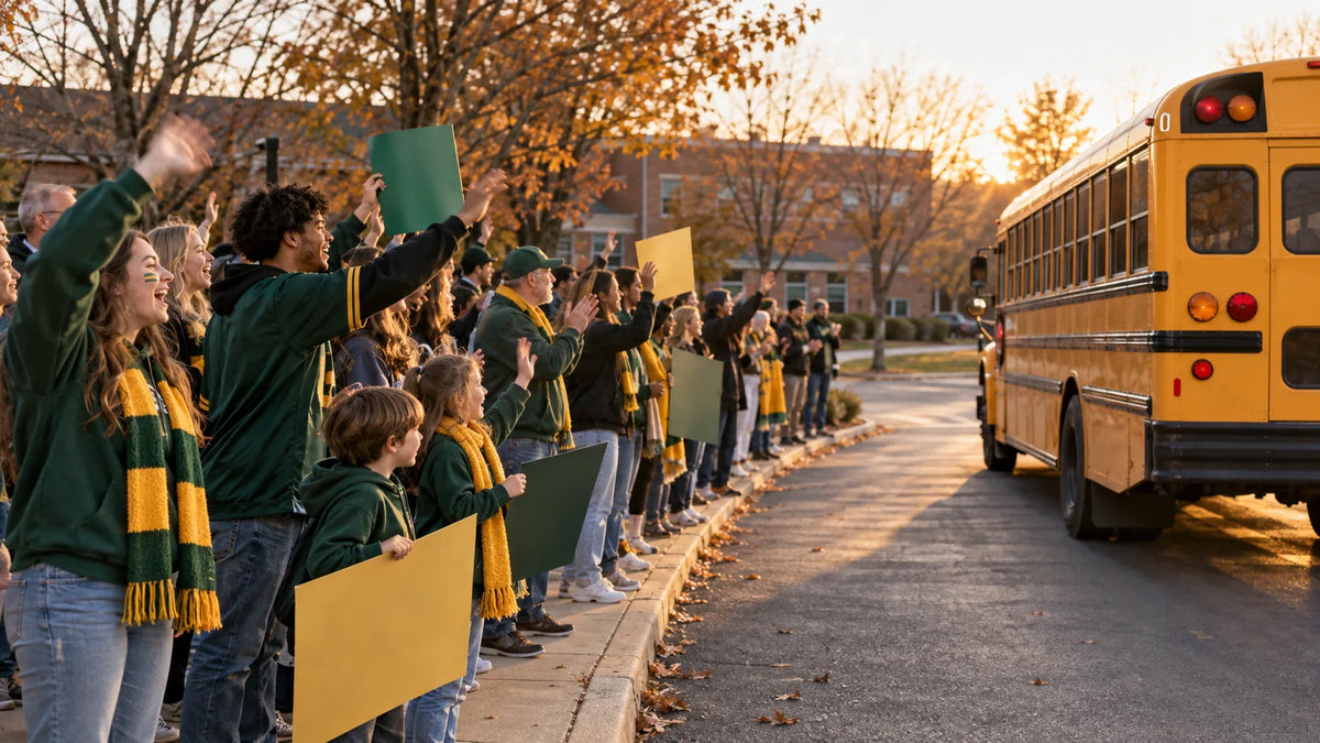 Students and parents in school colors cheer along a school driveway as a yellow team bus pulls away for a playoff game in late-afternoon light.