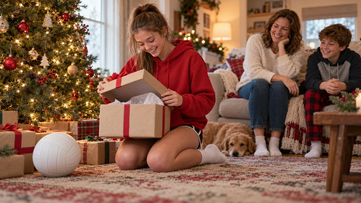 Teenage volleyball player in a cozy living room on Christmas morning opening a wrapped gift beside a lit tree, a volleyball on the floor nearby