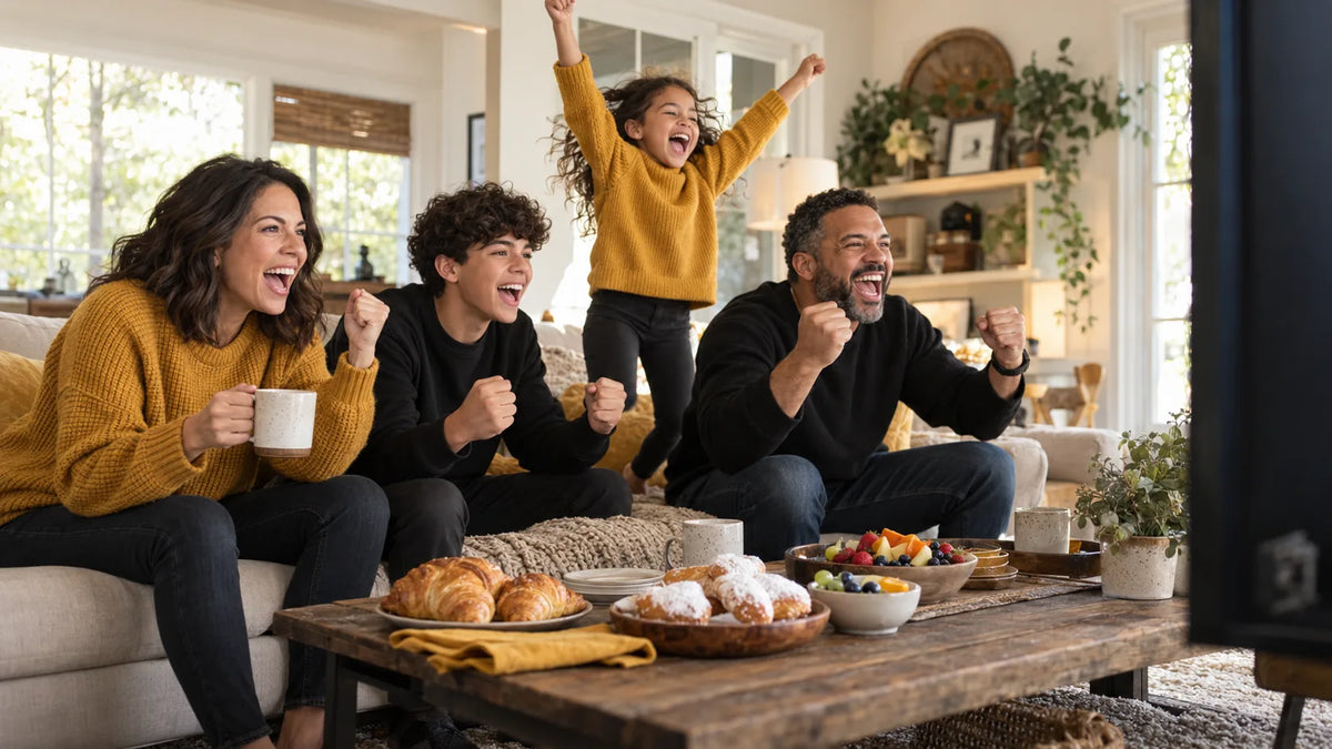 Family in plain black and gold sweaters cheering on a couch during an early-morning football watch party with coffee and pastries on the table