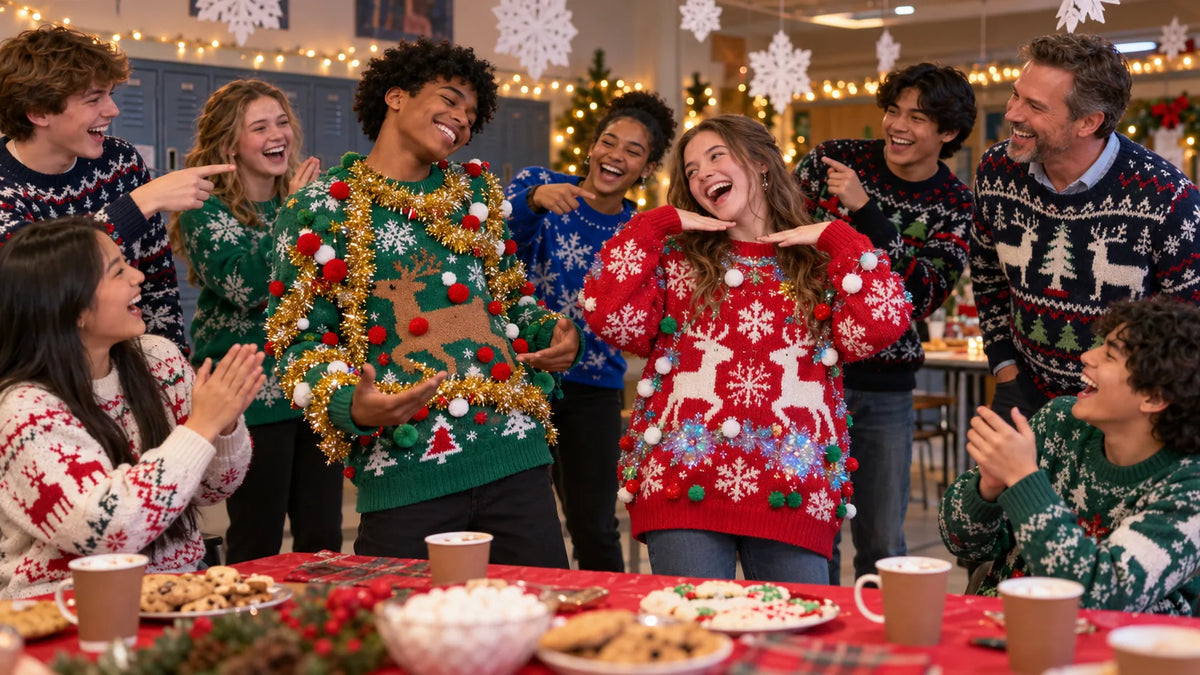 High school teammates and their coach laughing together in colorful ugly holiday sweaters at a team party in a decorated team room