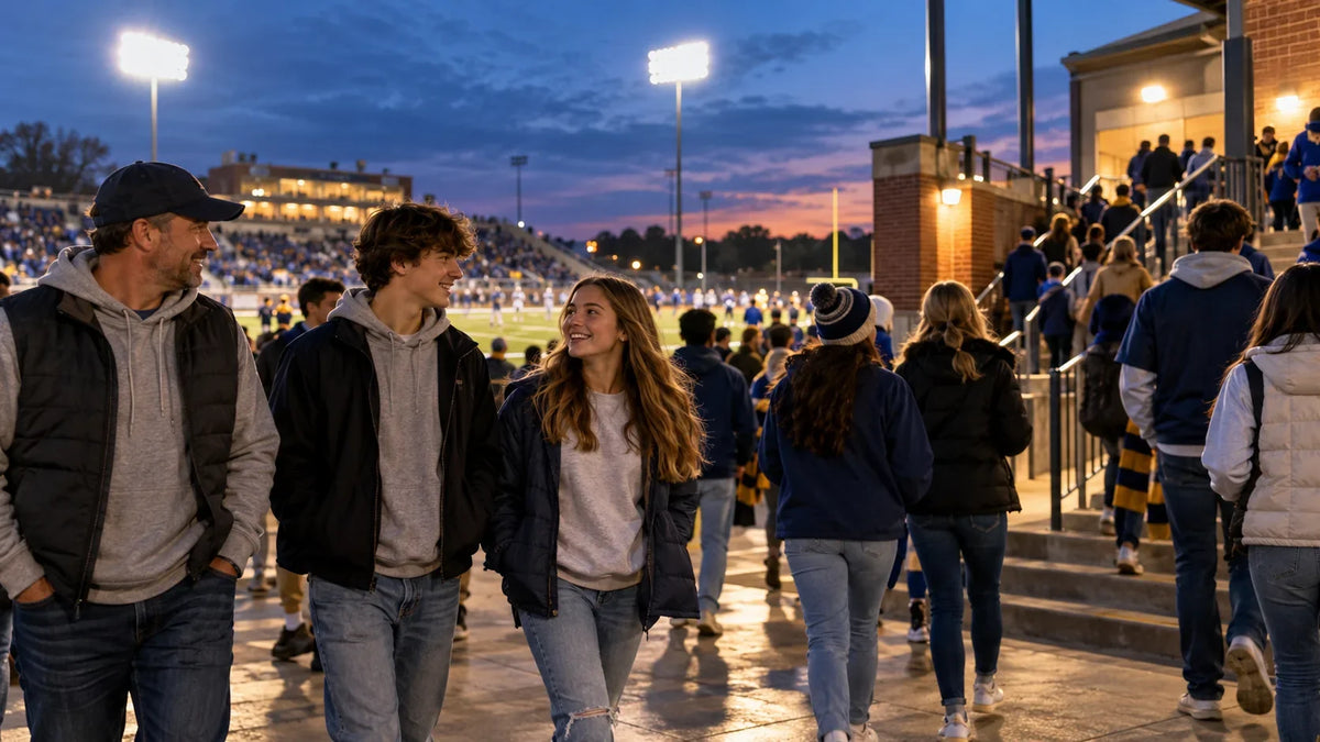 School supporters arrive at a cool evening football game wearing practical layers.