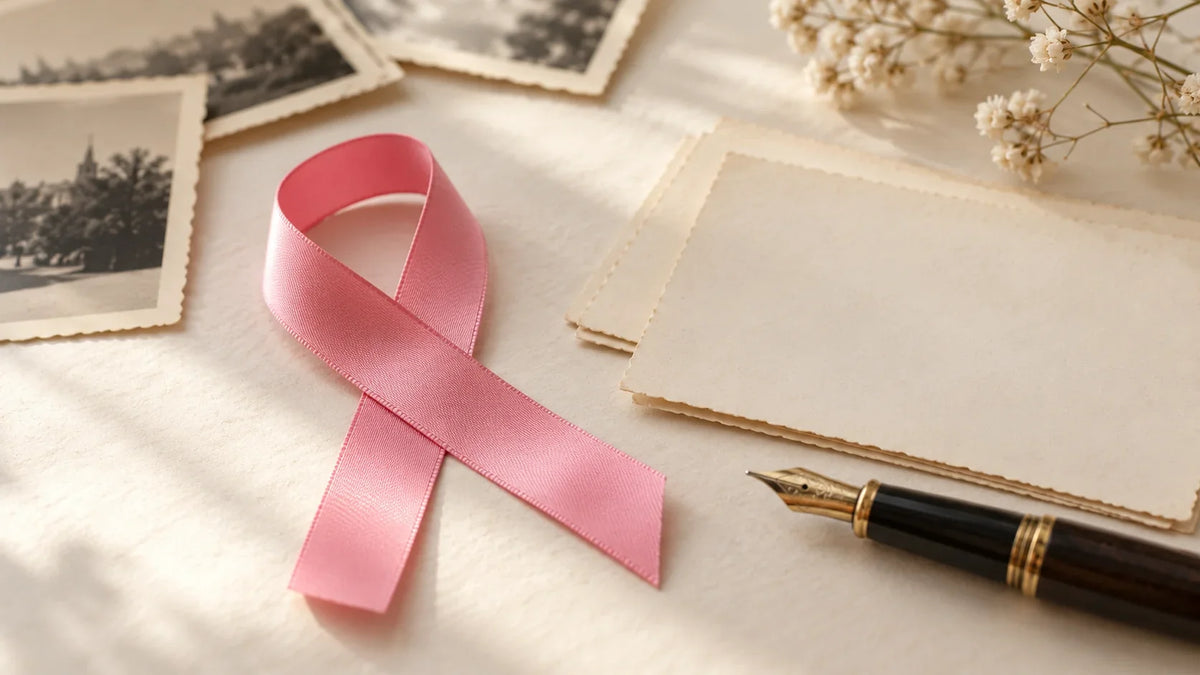 Respectful editorial still life of a plain pink ribbon on a clean archival-style paper background, photographed without logos or readable text.