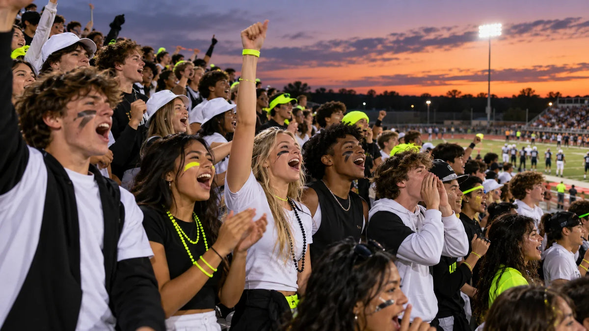 Diverse high school students in a stadium section wearing coordinated color-theme outfits at an evening game, with no visible school logos or text.