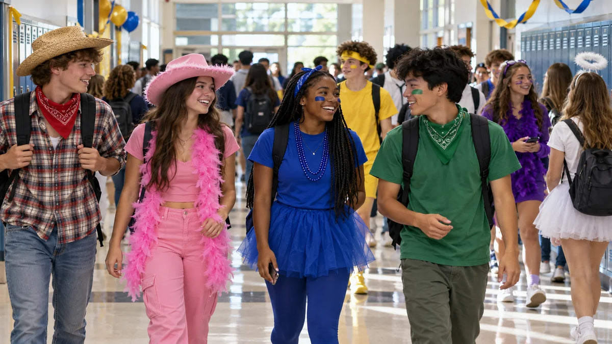 Diverse high school students in practical themed outfits walk through a decorated but text-free hallway during homecoming week.