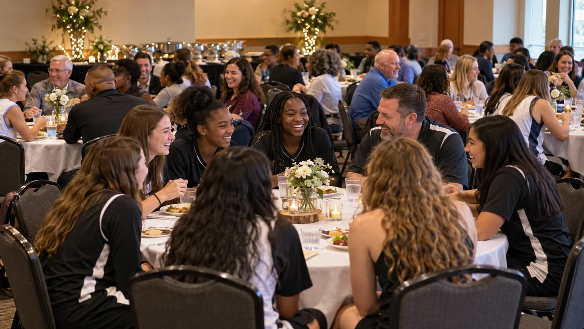 High school teammates, coaches, and families share a warm end-of-season banquet in a community room.