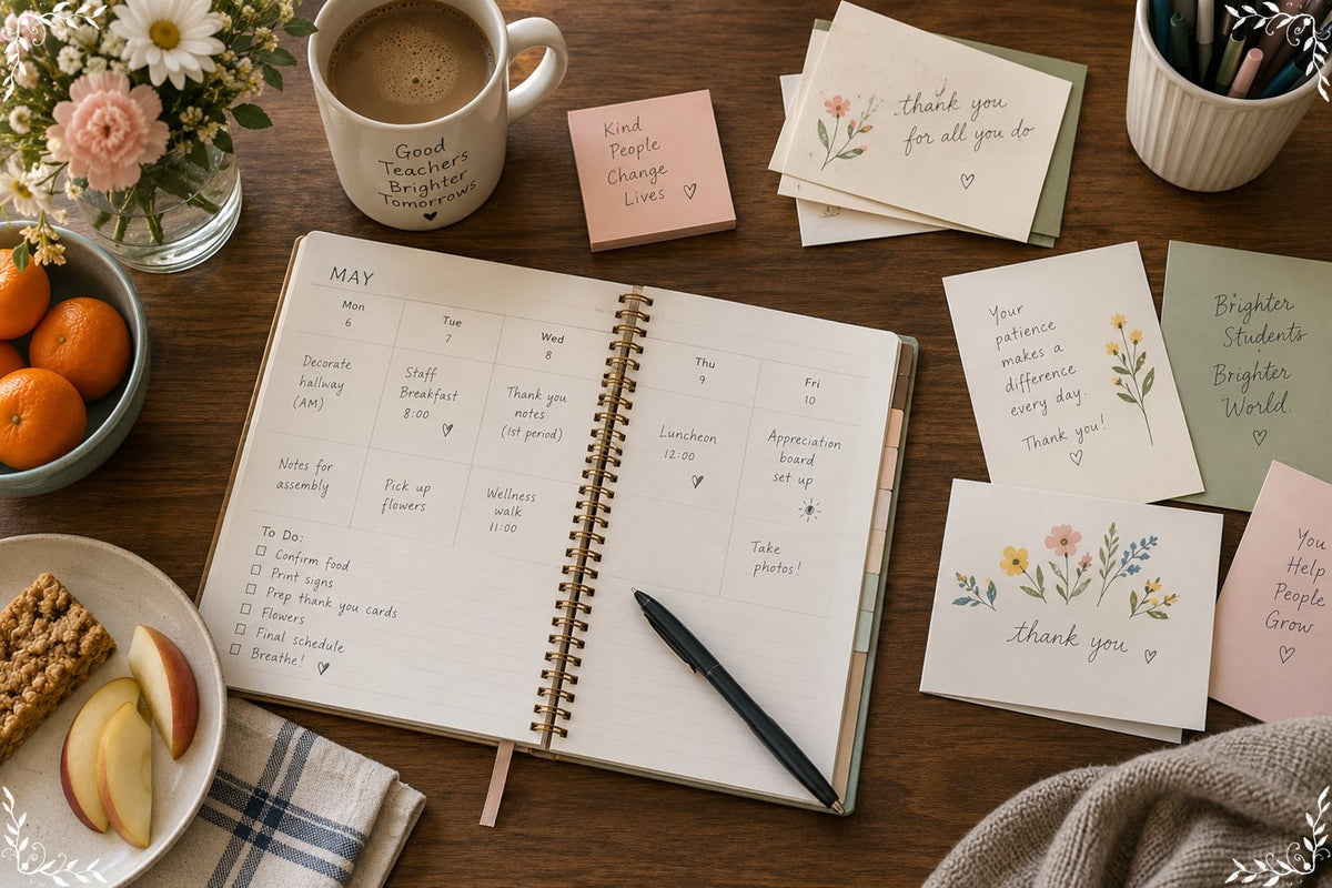 Teacher thank-you notes and appreciation week planning materials on a table