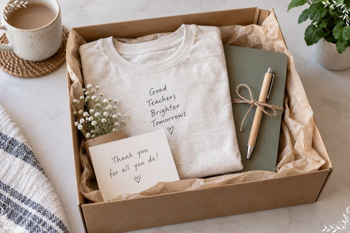 Teacher appreciation gift set with a folded shirt, note, and classroom supplies