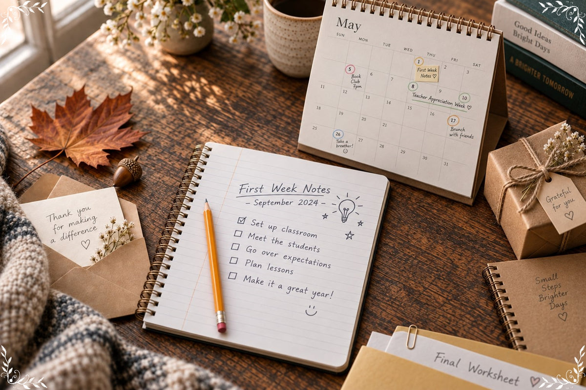 Seasonal teacher gift notes and small appreciation items arranged on a desk