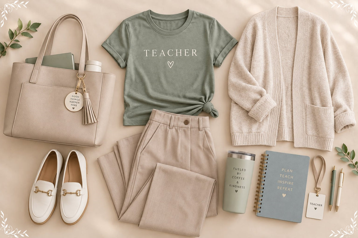 Child-size first-day outfit with sneakers, backpack, and name tag