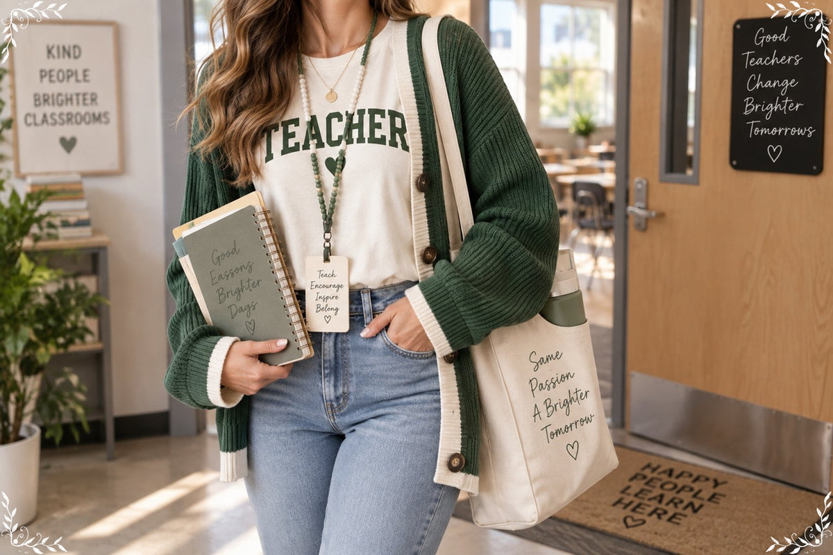 Teacher first-day outfit with tote and classroom notebook