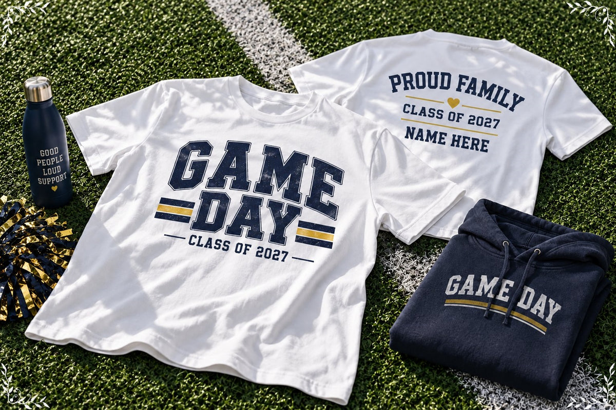 Generic school game day shirts displayed with coordinated spirit apparel