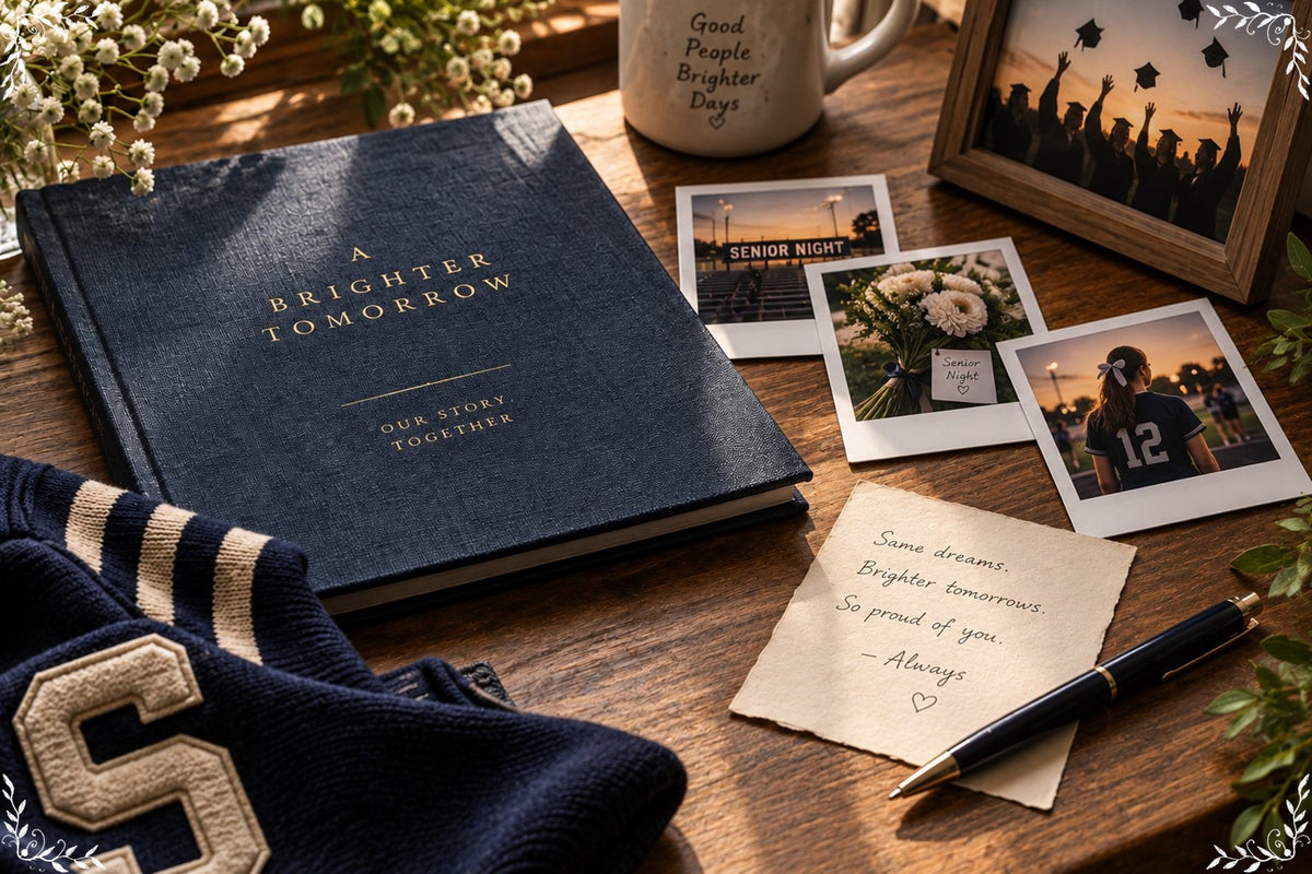 Senior year keepsakes, milestone notes, and photo prints arranged on a table