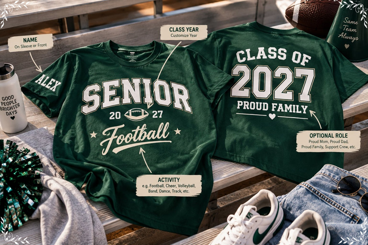 Senior shirt showing name, class year, and activity placement ideas