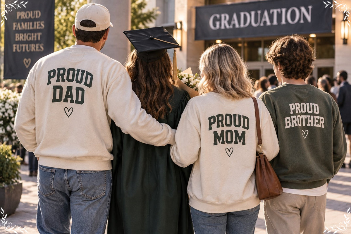 Family group in coordinated comfortable outfits for a graduation event