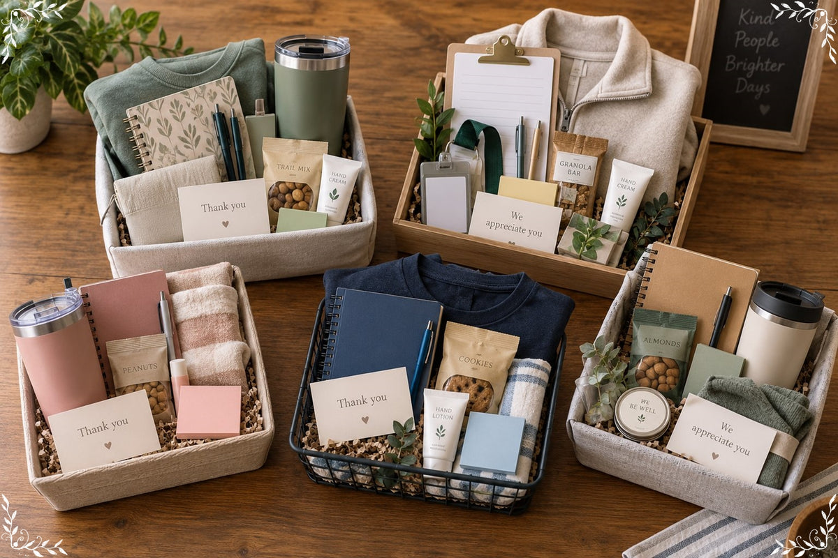 Staff appreciation gift bundles with thank-you notes and practical items
