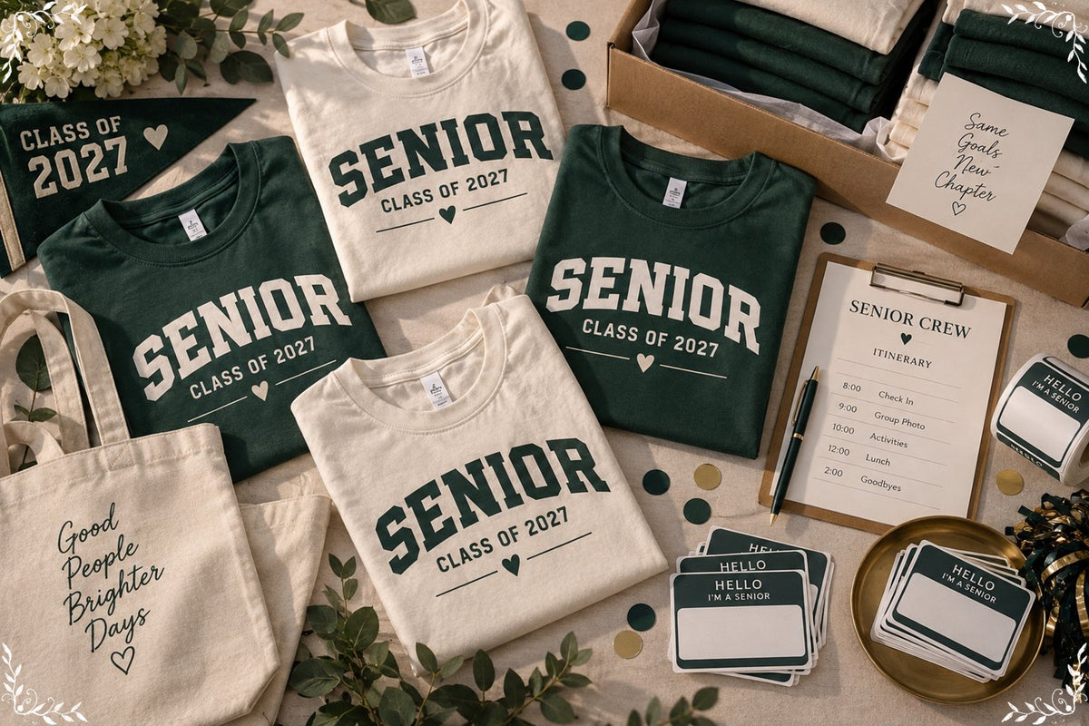 Matching school shirts arranged for a coordinated student group activity