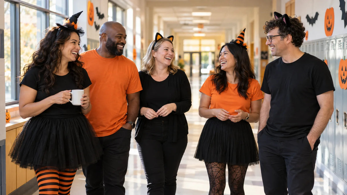 A group of teachers in simple Halloween looks with orange and black accessories laughing together in a bright school hallway decorated with paper pumpkins.