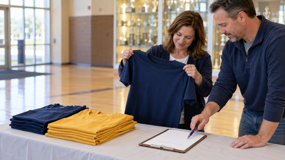 Two adult volunteers sit at a folding table in a school gym lobby, sorting plain navy and gold shirts while a blank approval clipboard rests between them.