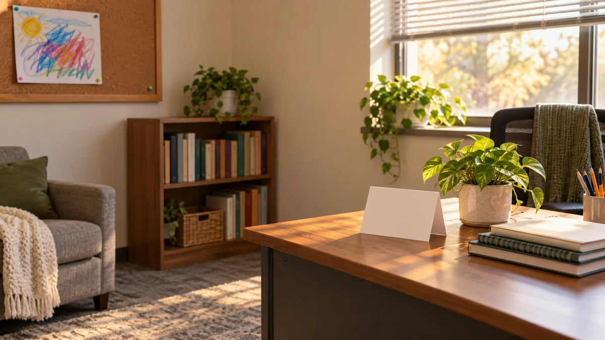 A quiet school counseling office in late afternoon light, with a soft armchair, a wooden desk holding a folded blank card and a small potted plant, and a corkboard with a crayon drawing pinned to it.