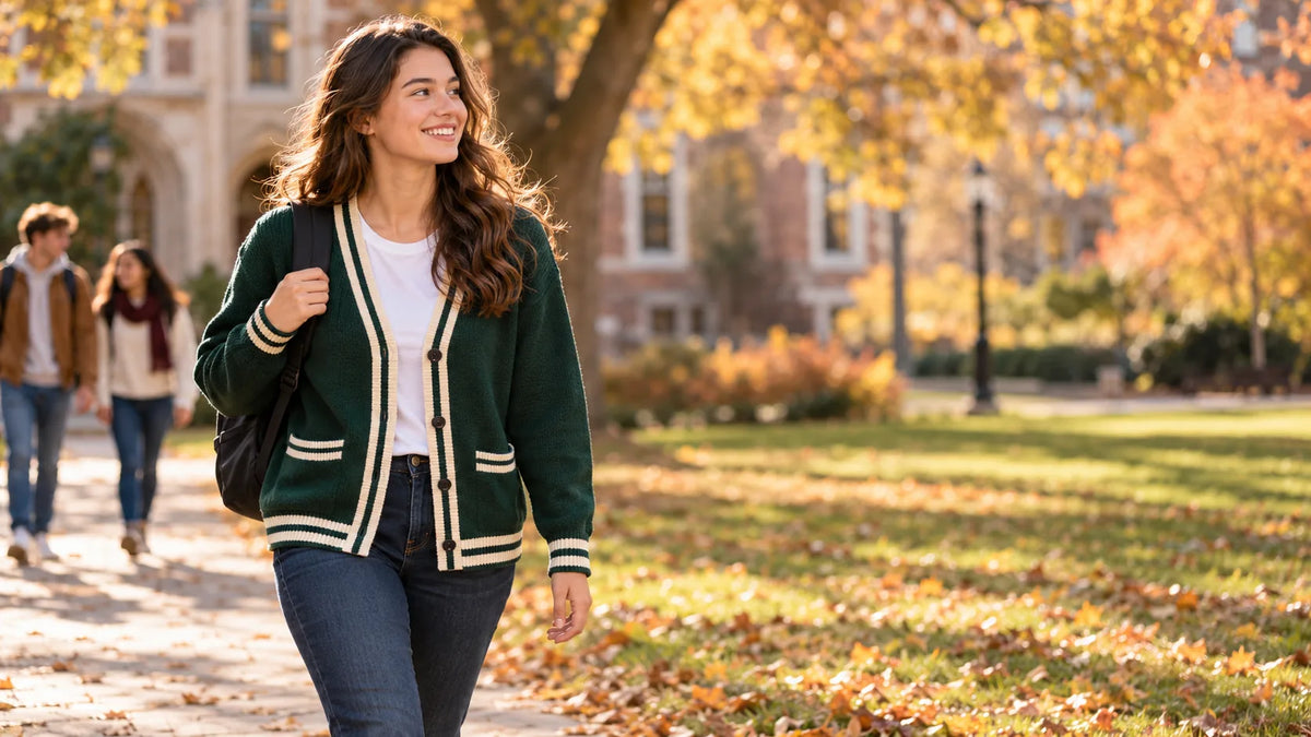 A college student in a plain deep green cardigan over a white tee walks across an autumn campus quad with friends.