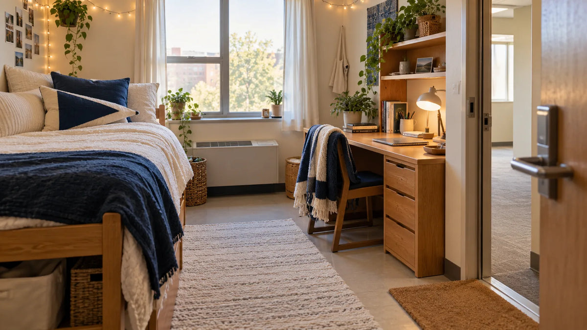 A cozy college dorm room with a pillow on the bed, a folded fleece throw on a chair and a welcome mat visible through the open door.
