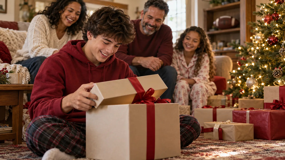 A teenage football player in a hoodie opens a wrapped Christmas gift by a lit tree while his family watches from the living room couch.