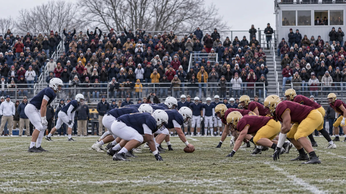 A packed small-town high school stadium on a cold late-November morning as two football teams line up, with families in scarves and winter coats filling the bleachers.