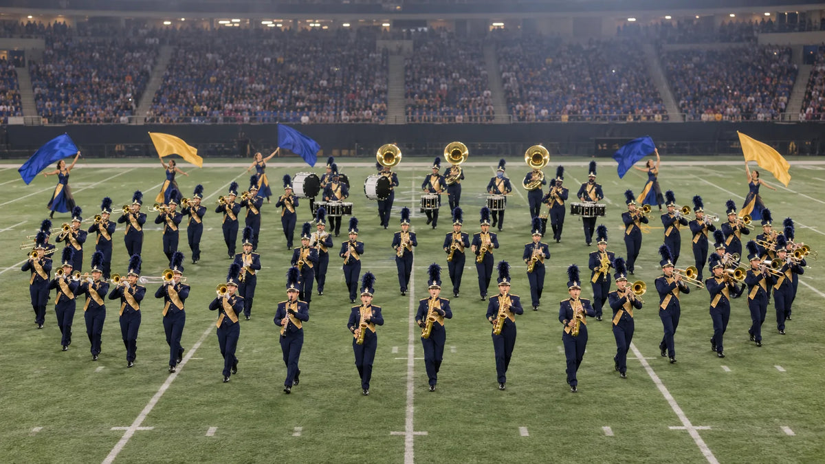 High school marching band performing a field show on a large indoor stadium field under bright lights, with crowded stands behind