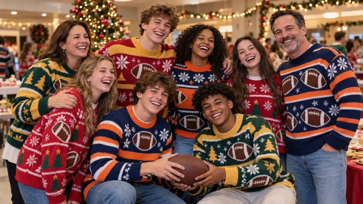 Teenagers and parents in colorful football-themed knit Christmas sweaters laughing together at a festive team holiday party