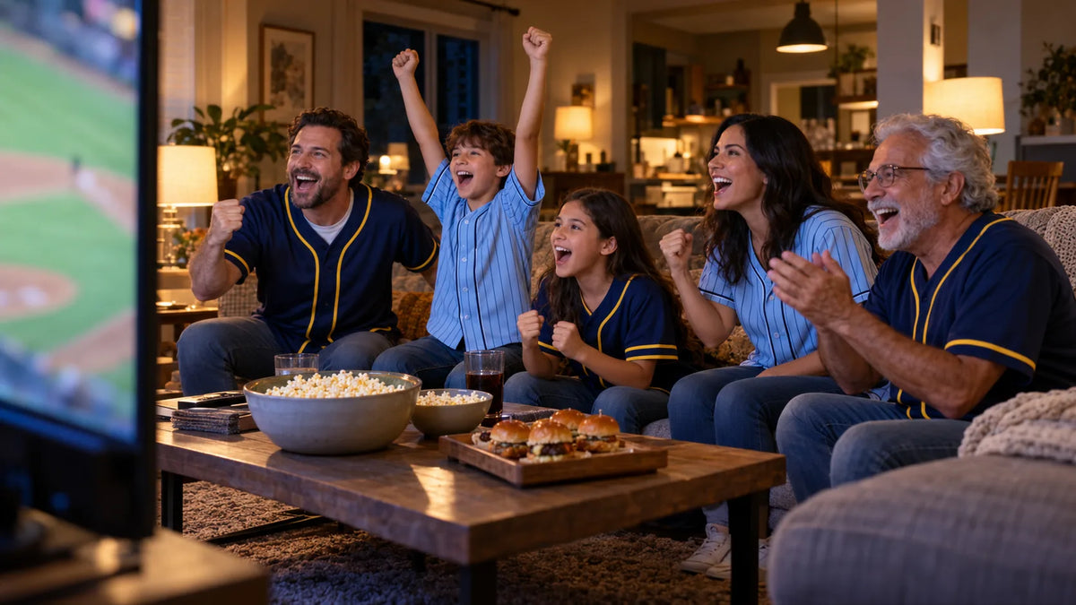 Family and friends in navy and light-blue baseball jerseys cheering together in a living room during a nighttime baseball broadcast