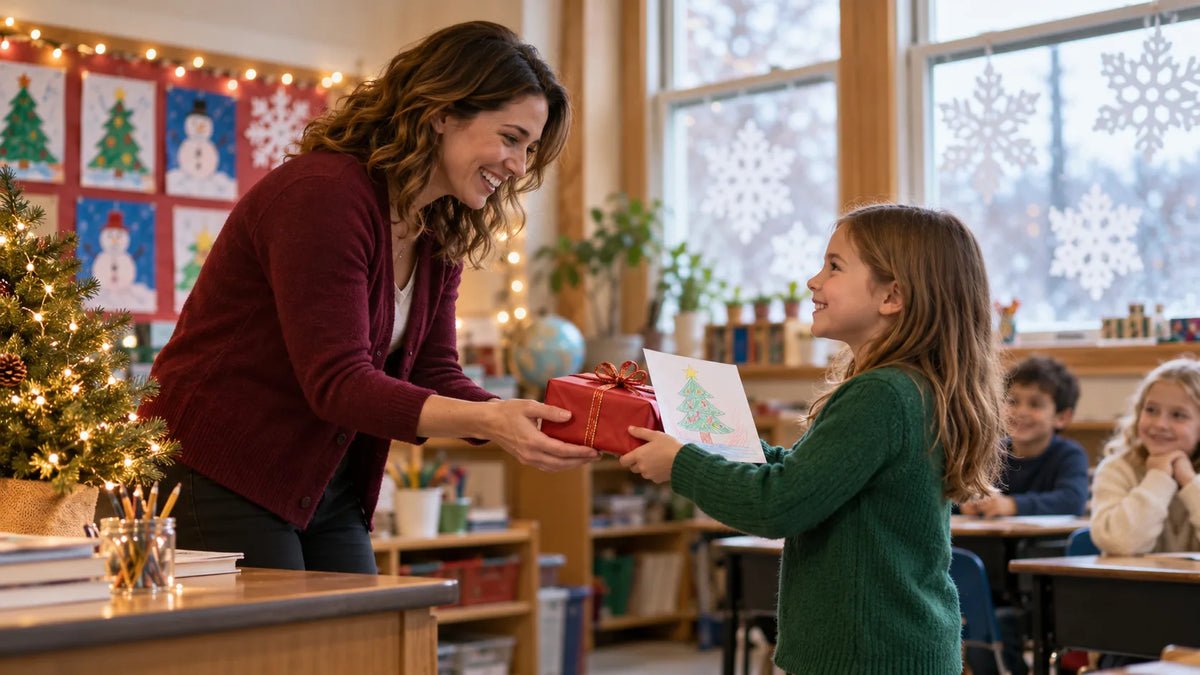 A student handing a wrapped Christmas gift and a handmade card to a smiling teacher at a decorated classroom desk