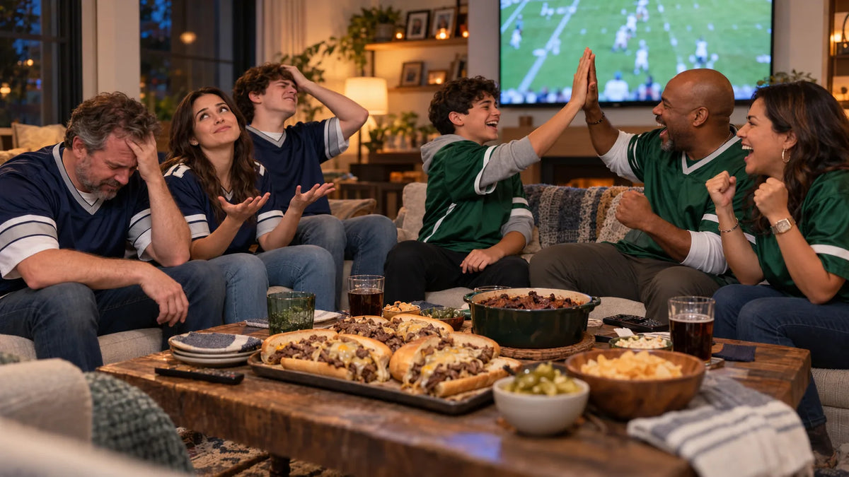 A split household watching a Monday night football game at home, half the family in navy and white jerseys and half in green and white