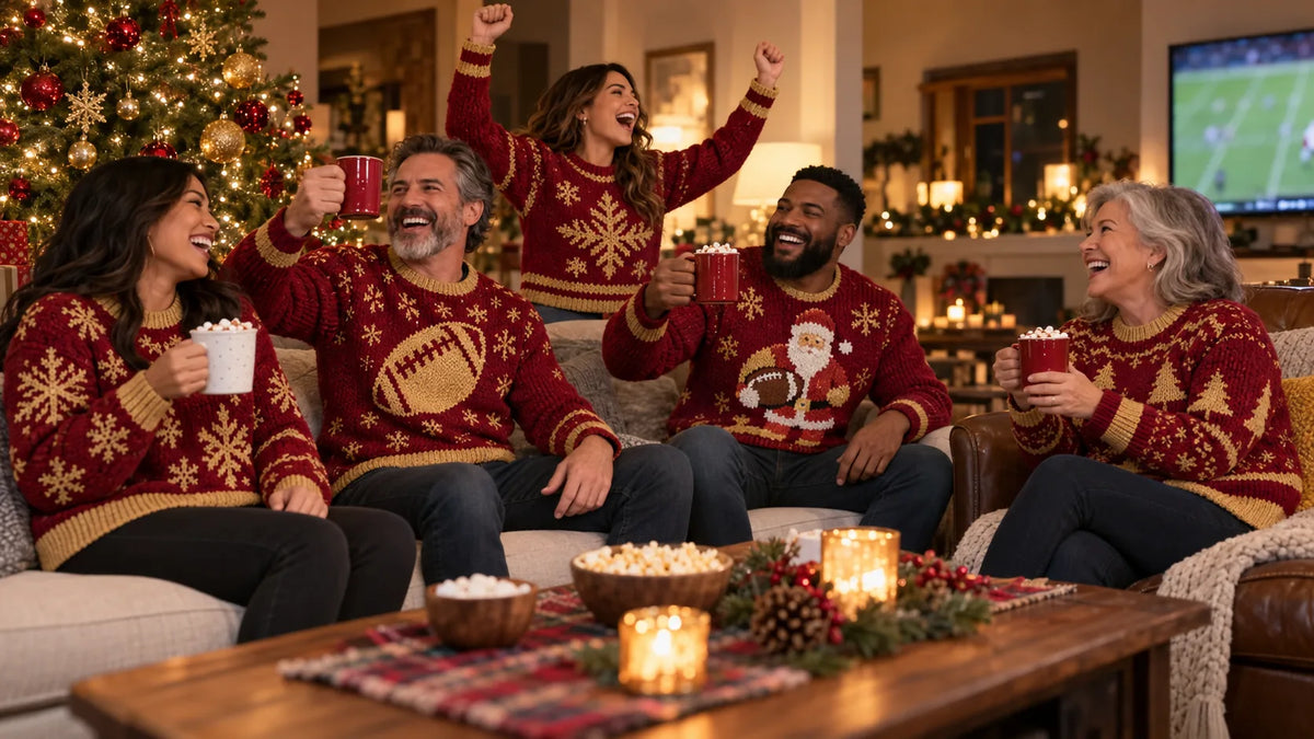 Friends in red and gold knit holiday sweaters with football patterns laughing together at a December watch party by a Christmas tree