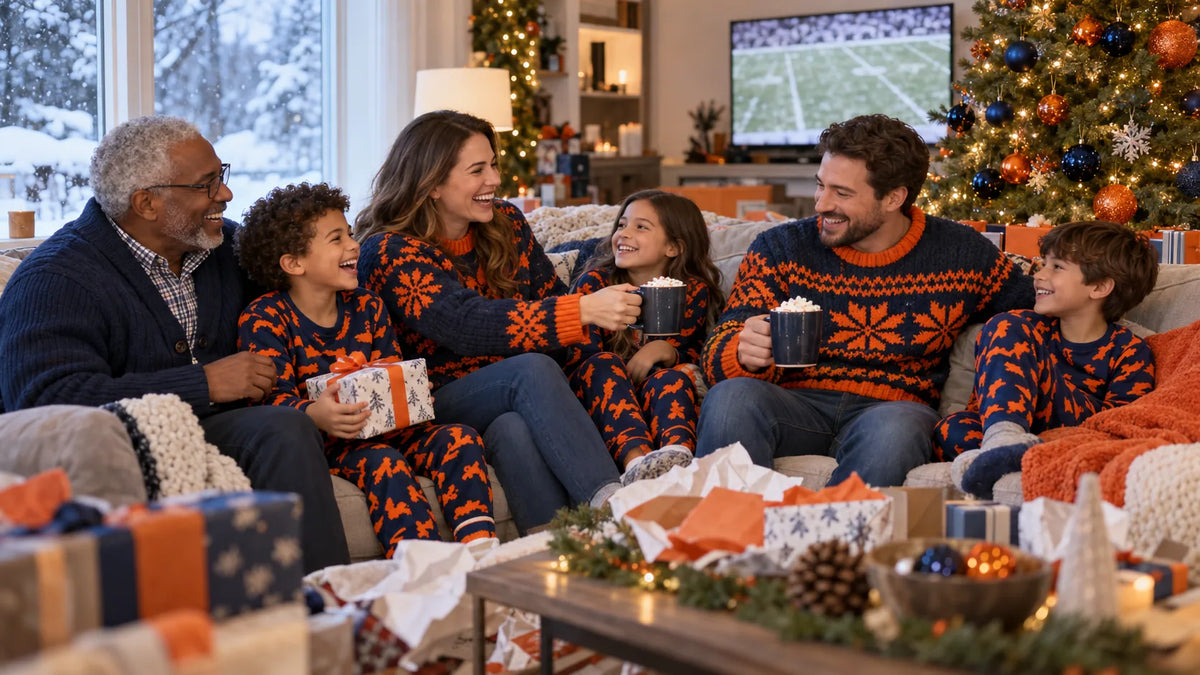 A family in navy and orange knit holiday sweaters and pajamas gathered on a couch by a Christmas tree on Christmas morning, ready for a noon football game