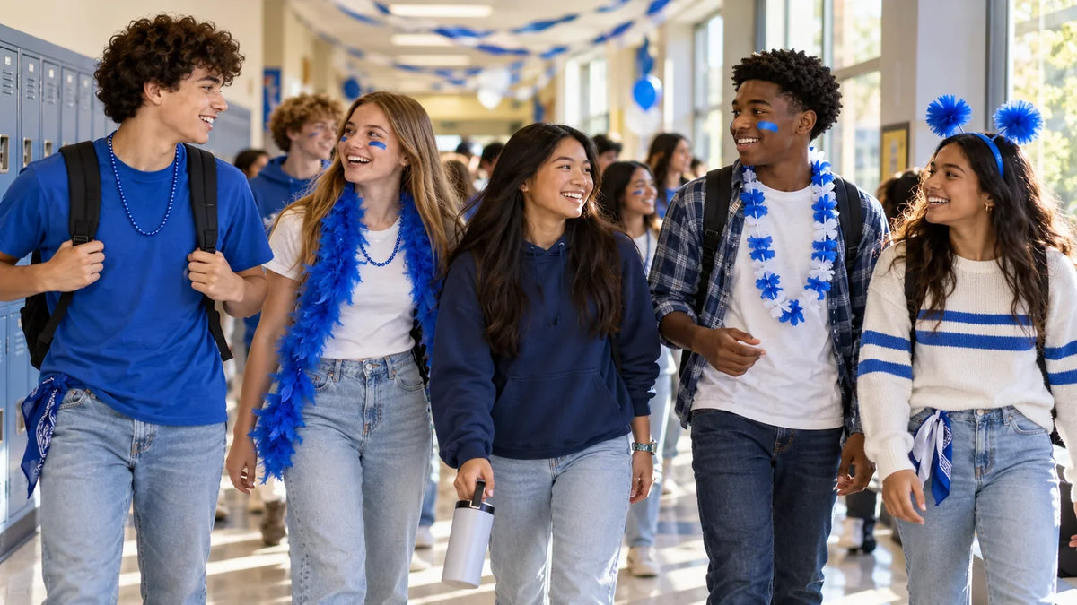 Students in blue school-color shirts, hoodies, and accessories walk together through a decorated school hallway.