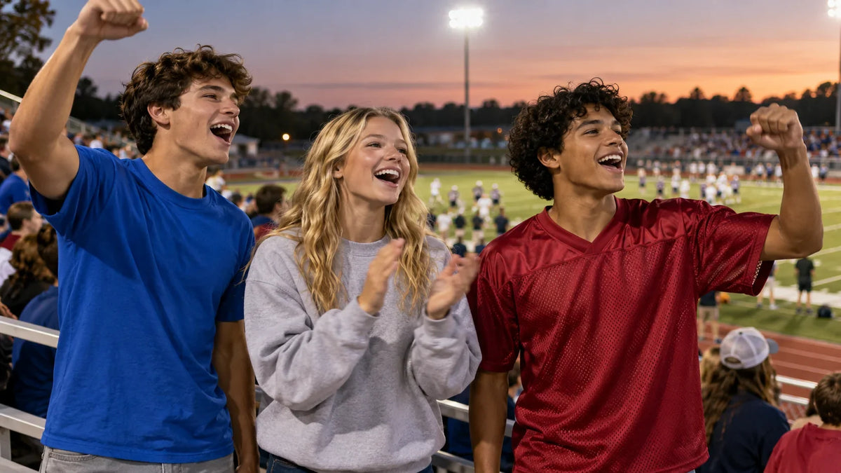 School game-day attendees wear a T-shirt, crewneck sweatshirt, and jersey-style layer in football bleachers.