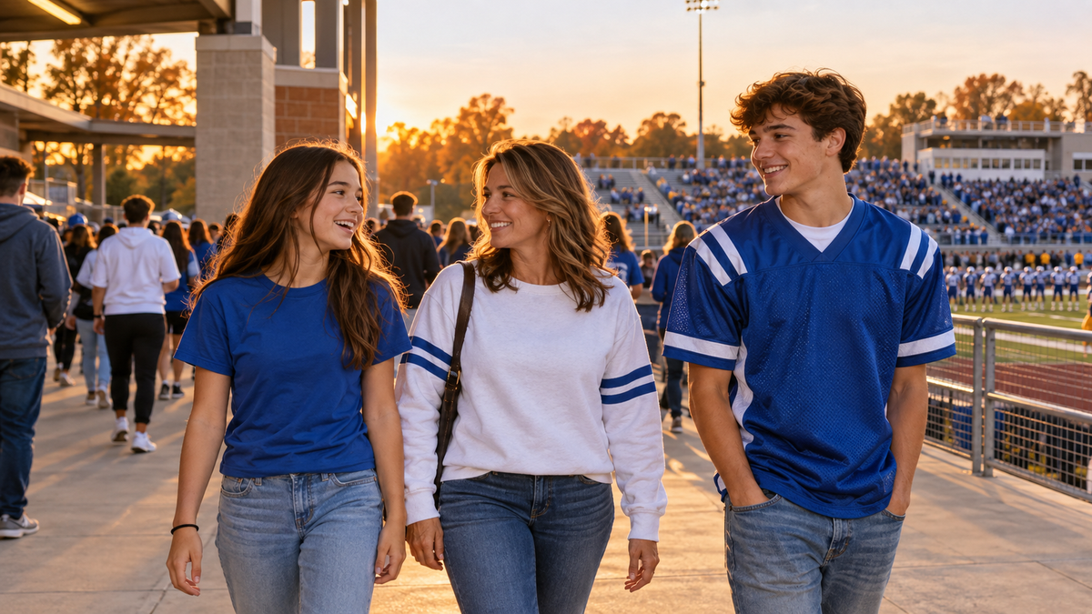 A student, parent, and supporter arrive at a school football stadium in a T-shirt, sweatshirt, and jersey-style layer.