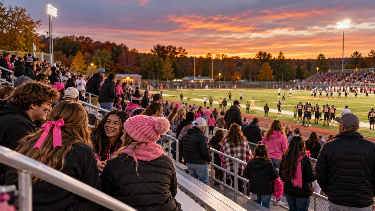 Families and students gather at a cool October school football game with subtle school-spirit layers.