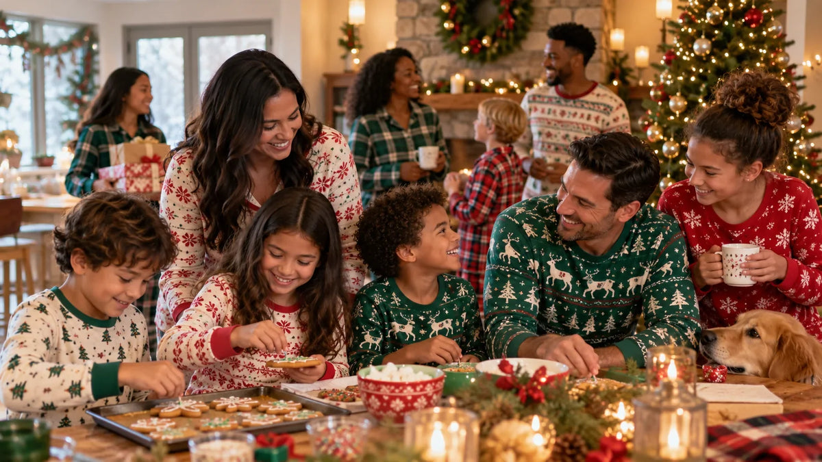 A mixed-age family group wears coordinated but varied holiday pajamas at a warm seasonal gathering.