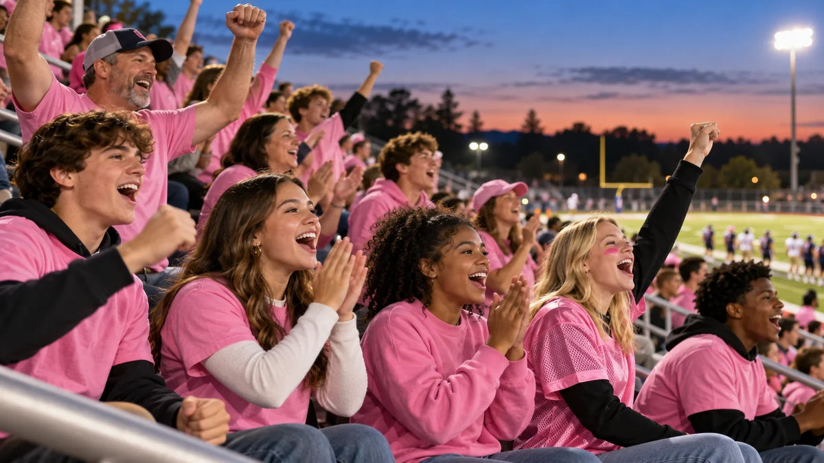 Students, parents, and supporters in coordinated pink layers cheer from the bleachers at a U.S. high school football game at dusk.