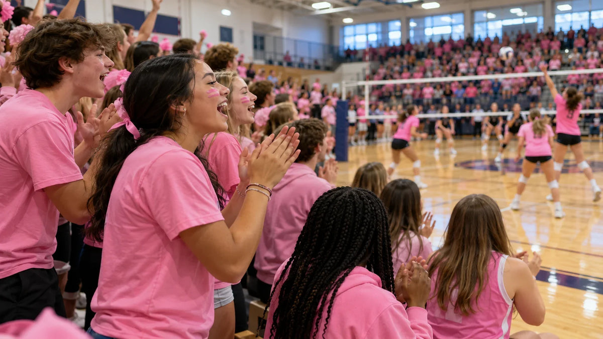 High school volleyball supporters and players in coordinated plain pink layers gather in a bright gym during a fall Pink Out night.