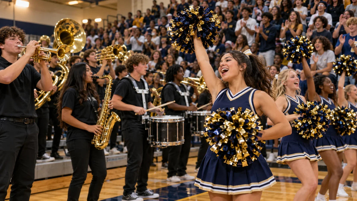 Students, cheerleaders, and pep-band members create an energetic but unbranded high school gym pep rally.