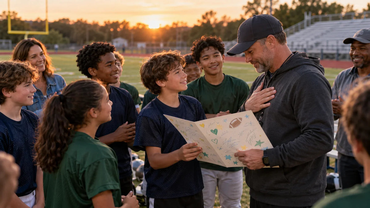 Youth athletes and families present a coach with handwritten thank-you notes beside a field after the final game.