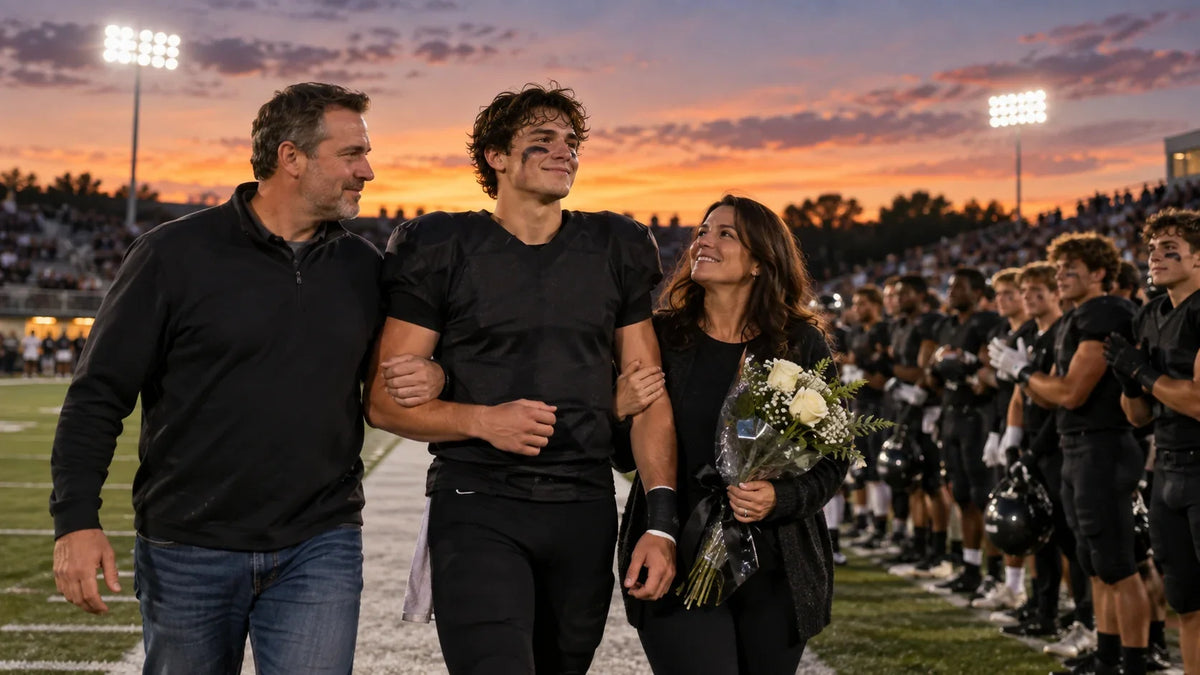 A graduating athlete walks with family members along a high school football sideline at dusk.